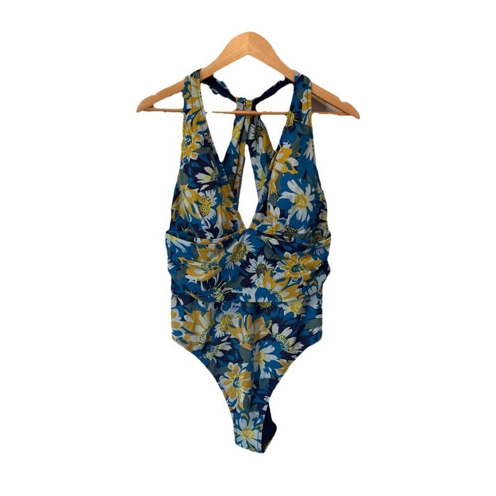 Adore Me Monroe One Piece Swimsuit Womens 1X Blue Yellow Floral Plunging V-Neck